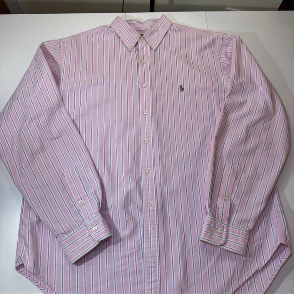 Ralph Lauren Mens Size 17-1/2 36/37 Long Sleeve Pink w/Stripe classic fit logo